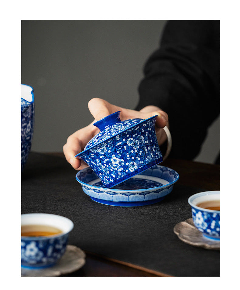 Chinese Blue & White Ice-plum Ceramic Gaiwan Brewing Bowl (SET)