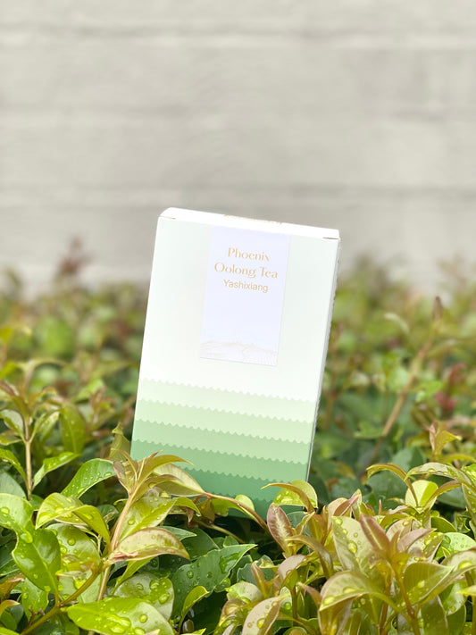 The80stea Whole Leaf Yashixiang Phoenix Oolong Tea. A pack of 50g, white and green packaging in natural background