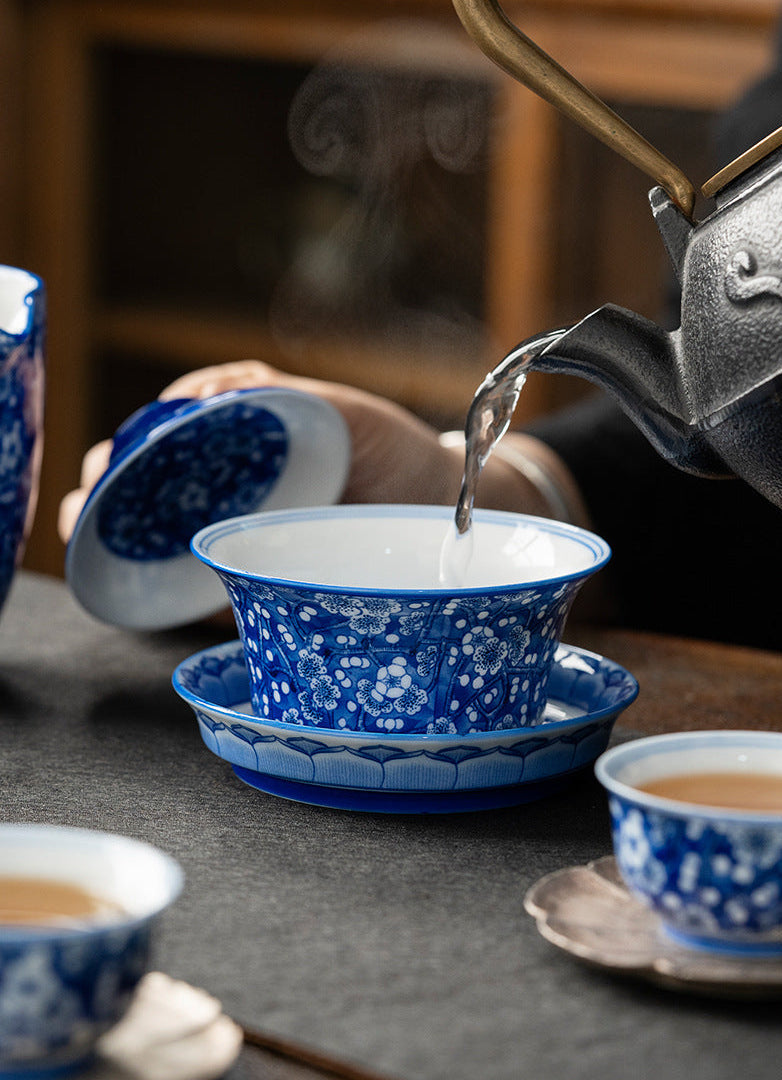 Chinese Blue & White Ice-plum Ceramic Gaiwan Brewing Bowl (SET)