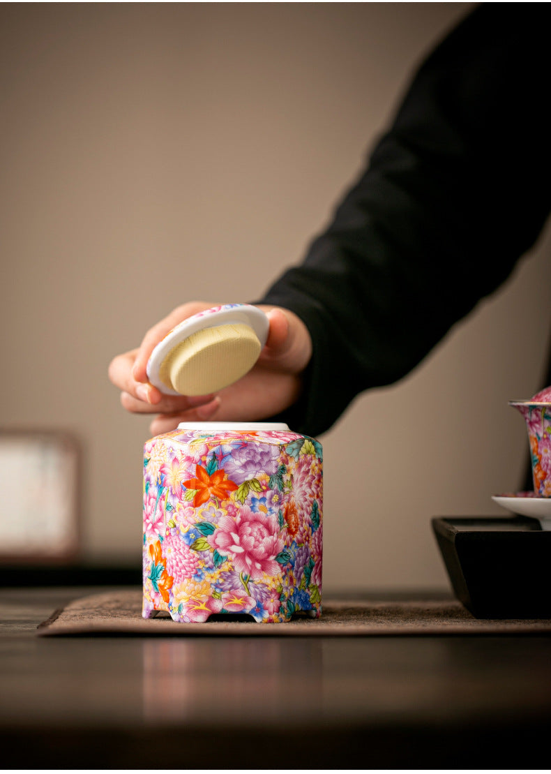 Premium Enamel-Painted Millefleur Ceramic Airtight Tea Storage Jar