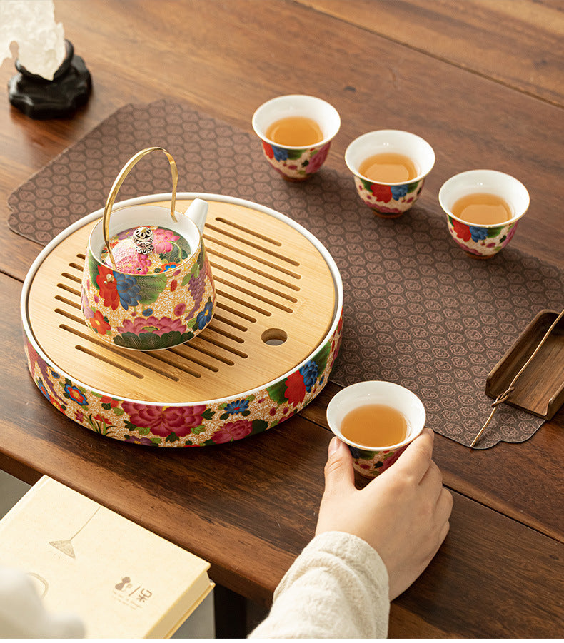 Premium Chinese Enamel-Painted Lifting Beam KungFu Tea Set