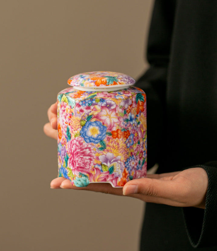 Premium Enamel-Painted Millefleur Ceramic Airtight Tea Storage Jar