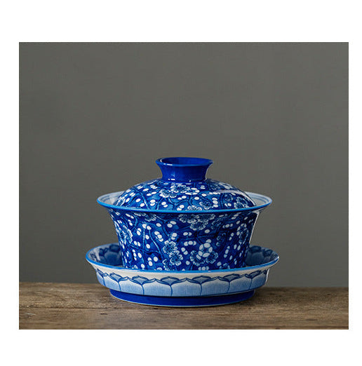Chinese Blue & White Ice-plum Ceramic Gaiwan Brewing Bowl (SET)